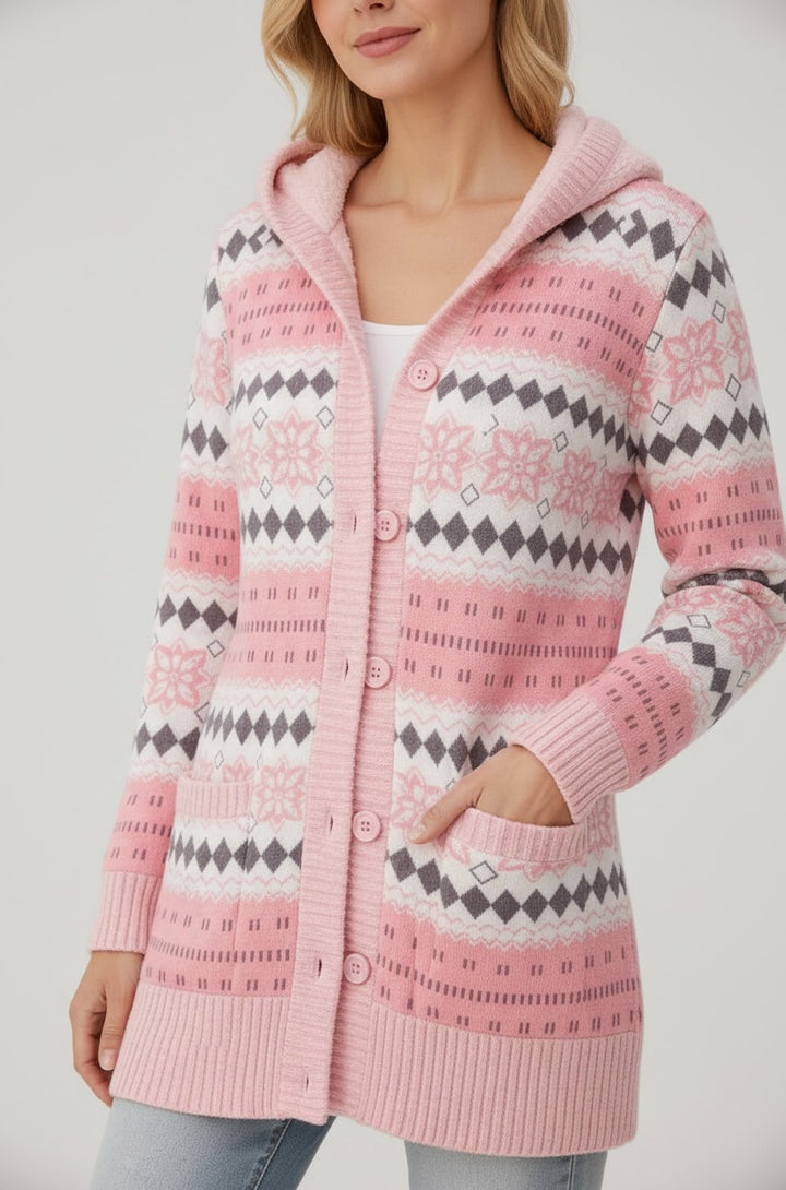 Romy fair-isle knit pattern and button detail, pink