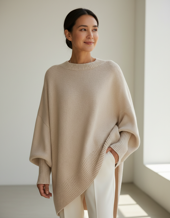 Eugenie oversized relaxed-fit sweater in beige, front view