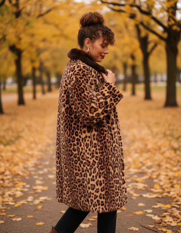 Bianca leopard print collar coat, side profile in an autumn park
