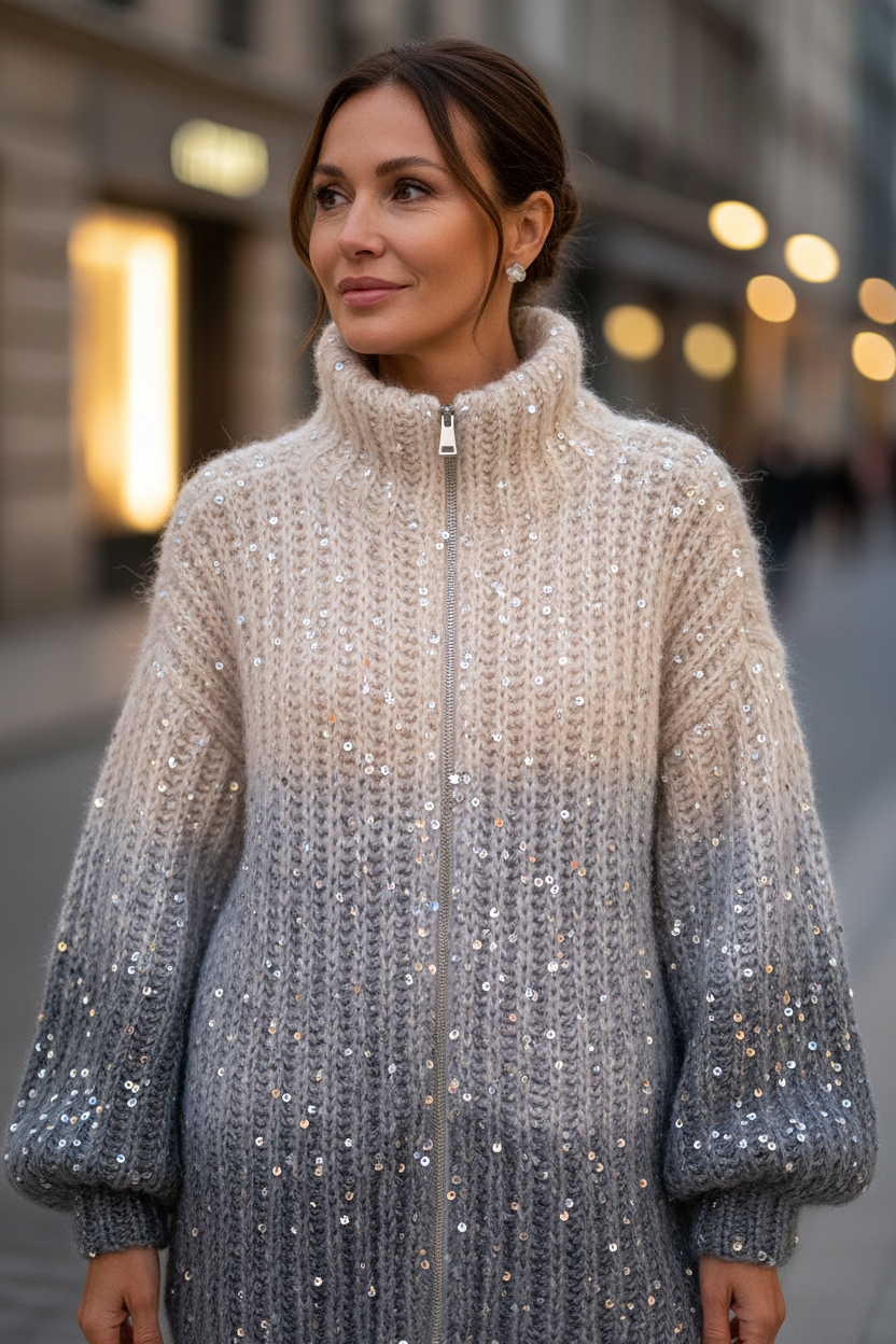 Winifred sequin zip-up cardigan in gray sequins, zipped to the chin, sequins catching the evening light