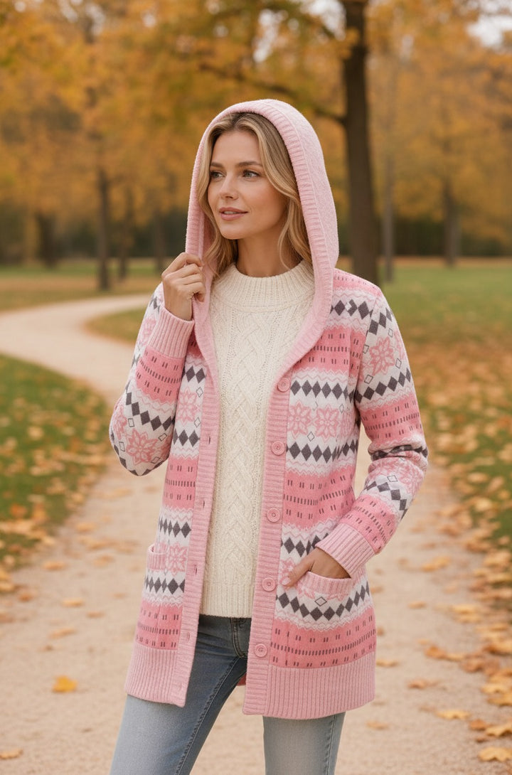 Romy pink fair-isle hooded sweater worn in an autumn park