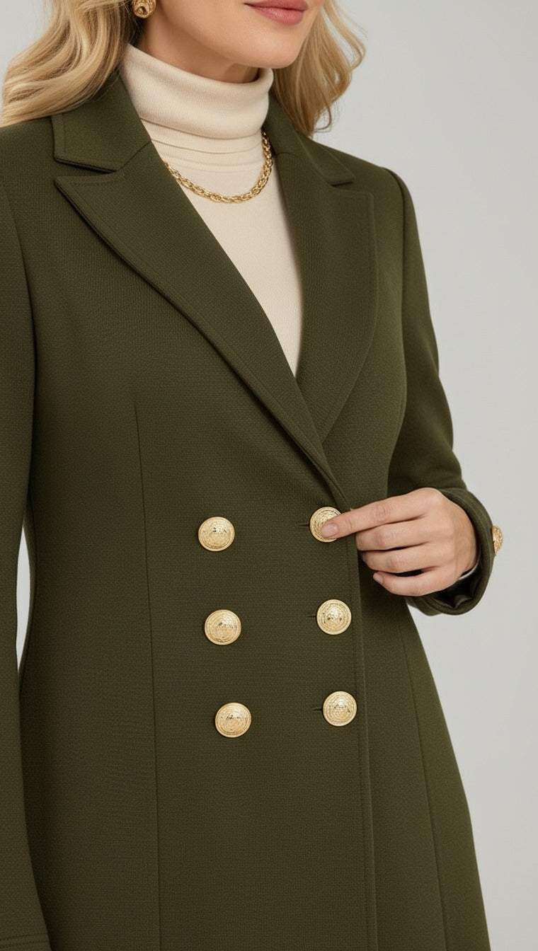 Vivienne gold-tone button detail on the olive knit trench
