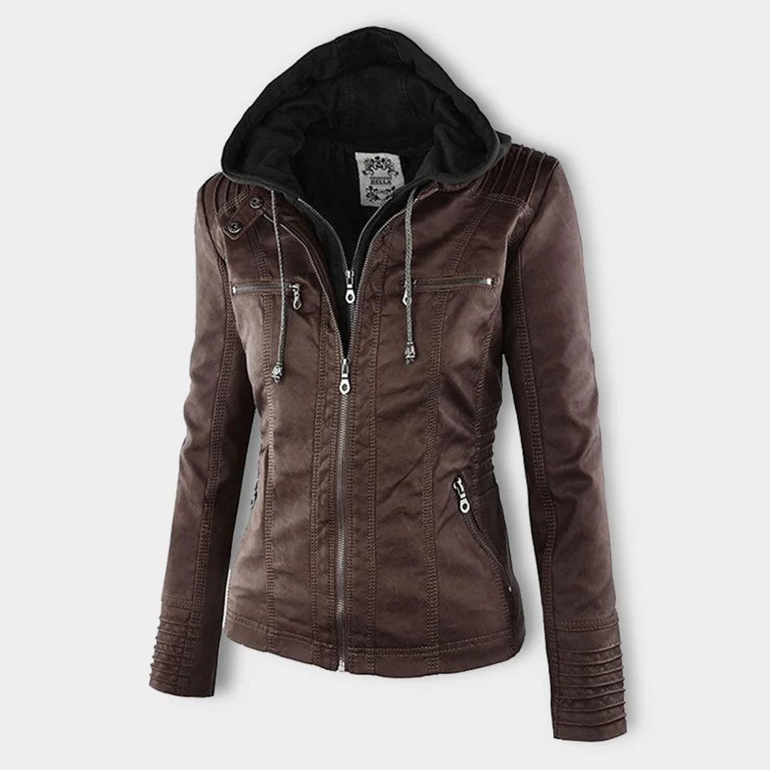 Harlow quilted-shoulder jacket in dark brown, competitor reference photo