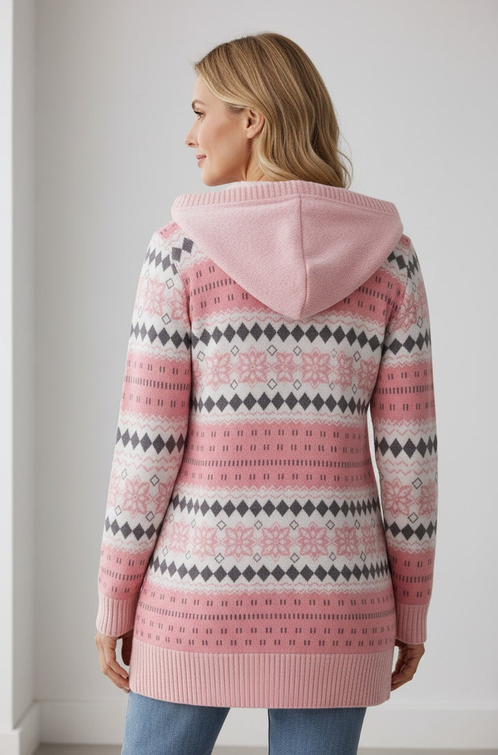 Romy fair-isle hooded sweater in pink, back view