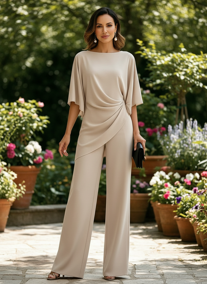 Selene | Draped Cape-Sleeve Blouse & Wide-Leg Pant Set