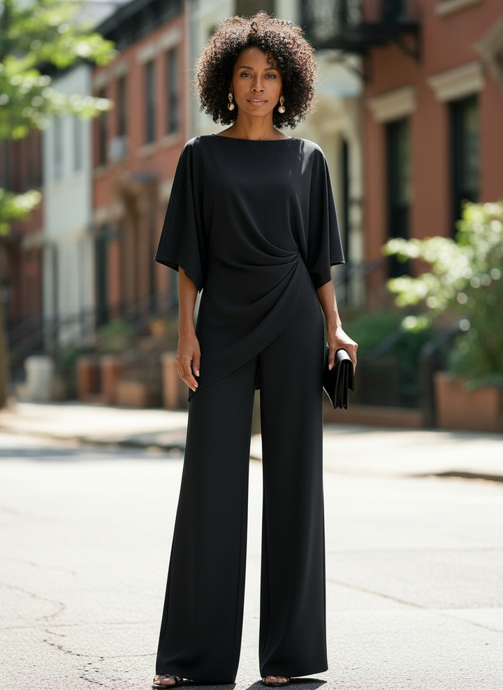 Selene | Draped Cape-Sleeve Blouse & Wide-Leg Pant Set