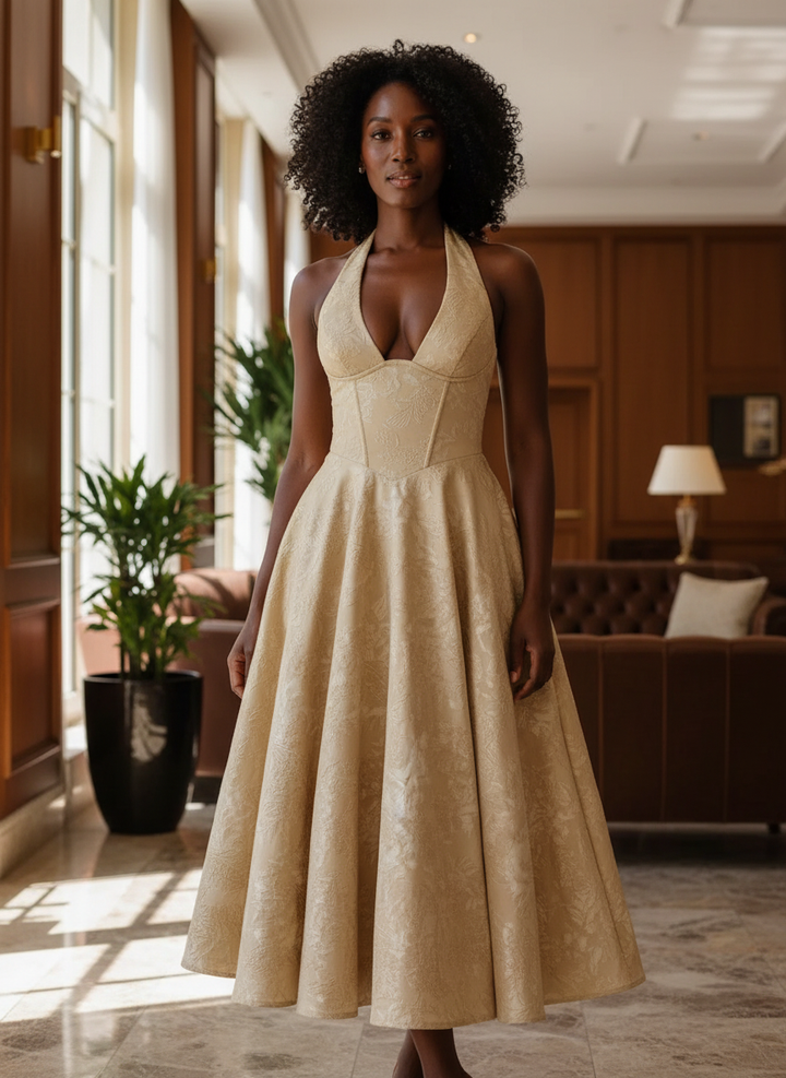 Amara | Jacquard Halter Midi Dress