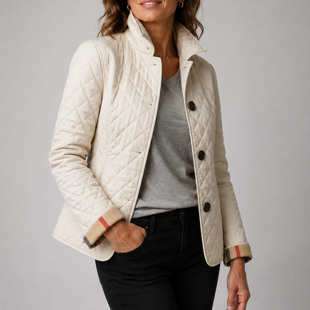 Delia lightweight quilted jacket in beige, worn open over a tee