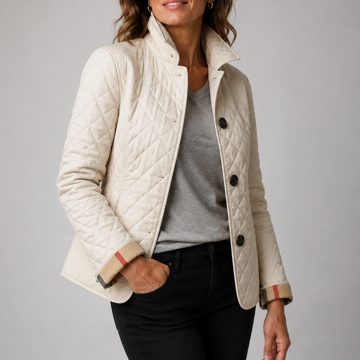 Delia lightweight quilted jacket in beige, worn open over a tee