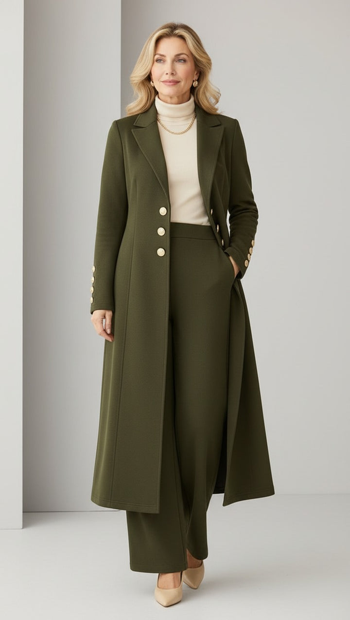Vivienne knit trench and wide-leg trouser set in olive with gold buttons, front view