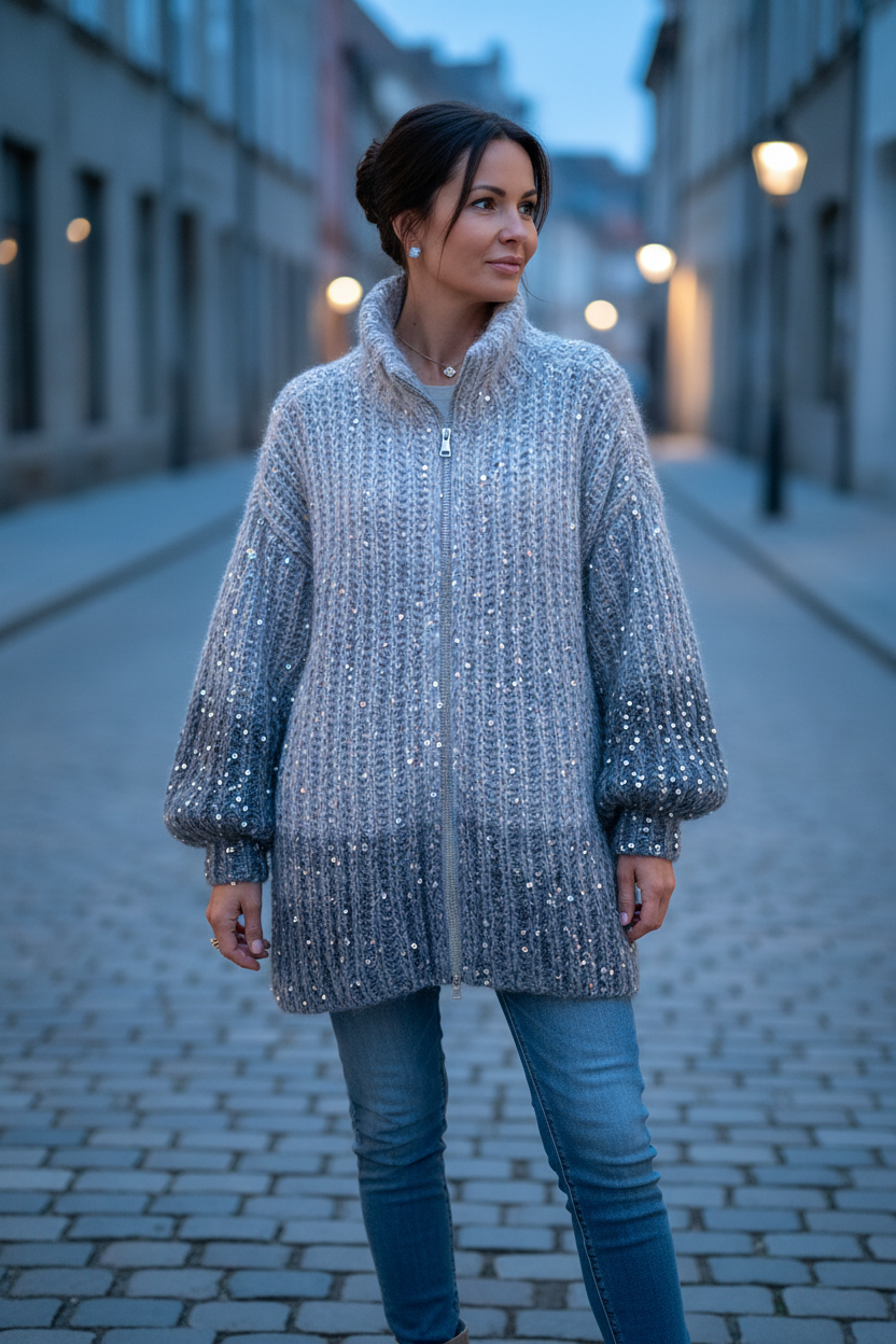 Winifred sequin zip-up cardigan in navy blue sequins, full-body evening shot with the sequins shimmering