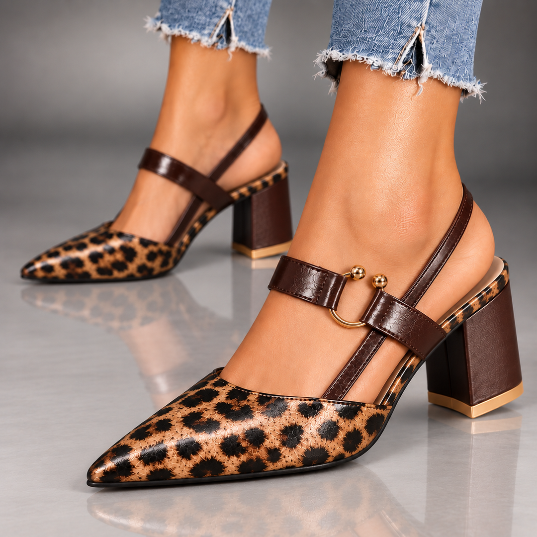 Marigold slingback pumps in Leopard worn with jeans, side view showing the chunky block heel