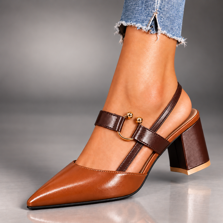 Marigold slingback heels in Brown worn with jeans, angled view