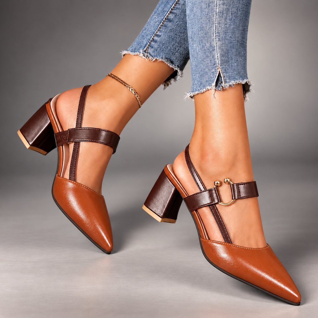 Marigold slingbacks in Brown worn with jeans, side view showing the pointed toe