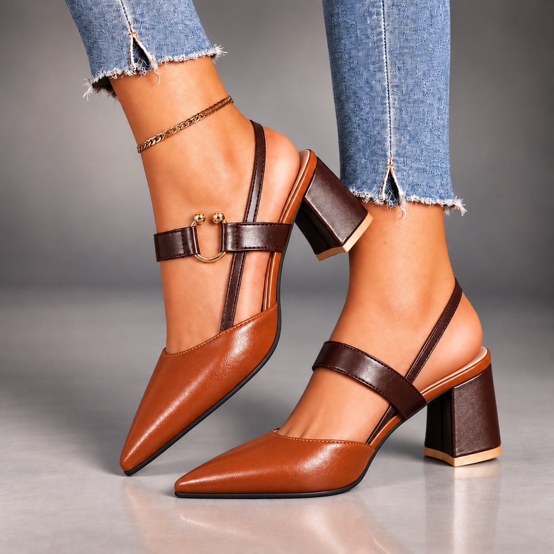 Marigold slingback heels in Brown worn with jeans, three-quarter view