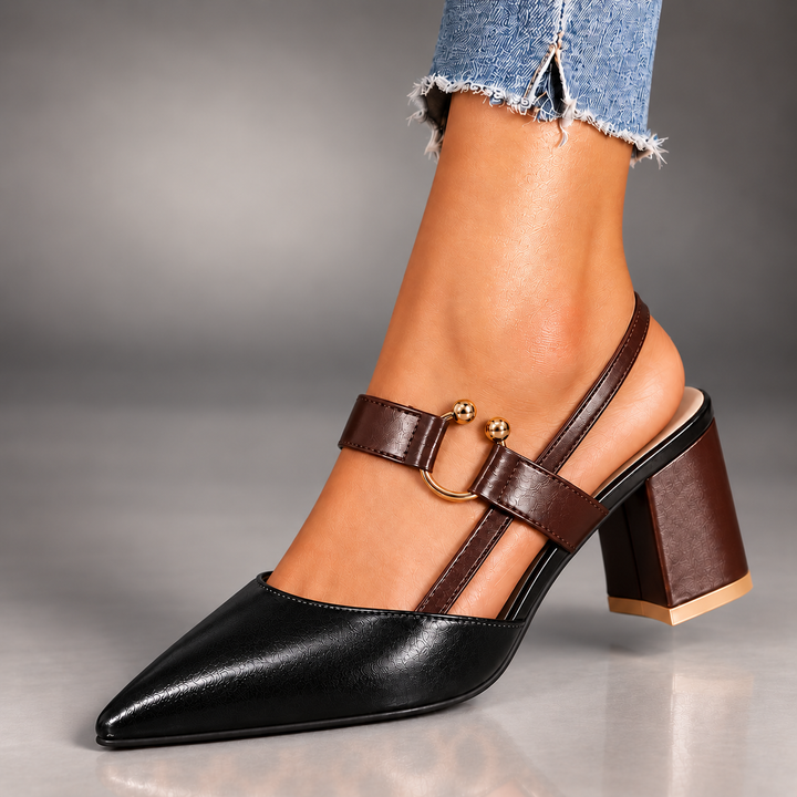 Marigold slingback in Classic Black worn with jeans, side view