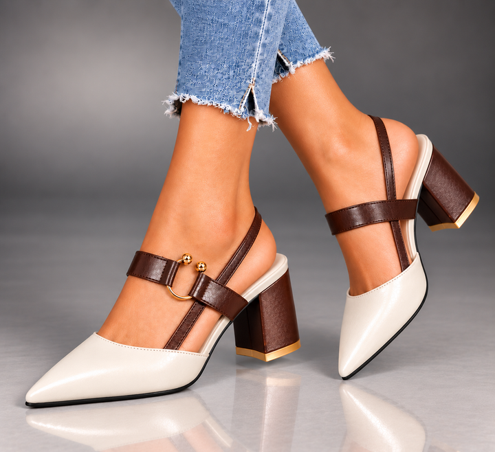 Marigold slingbacks in Ivory White worn with jeans, side view showing the block heel
