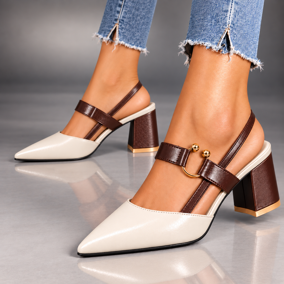 Marigold slingback heels in Ivory White worn with jeans, three-quarter view