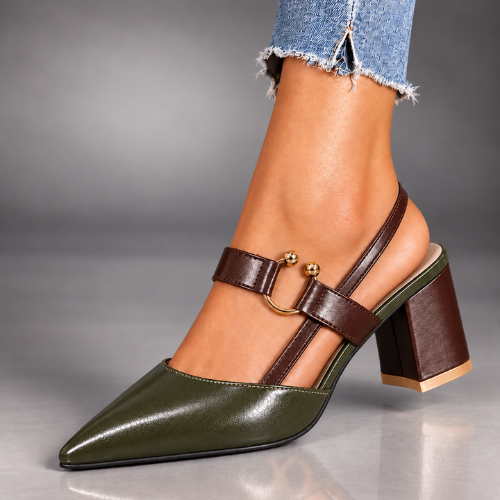 Marigold slingback heels in Olive Green worn with jeans, angled view