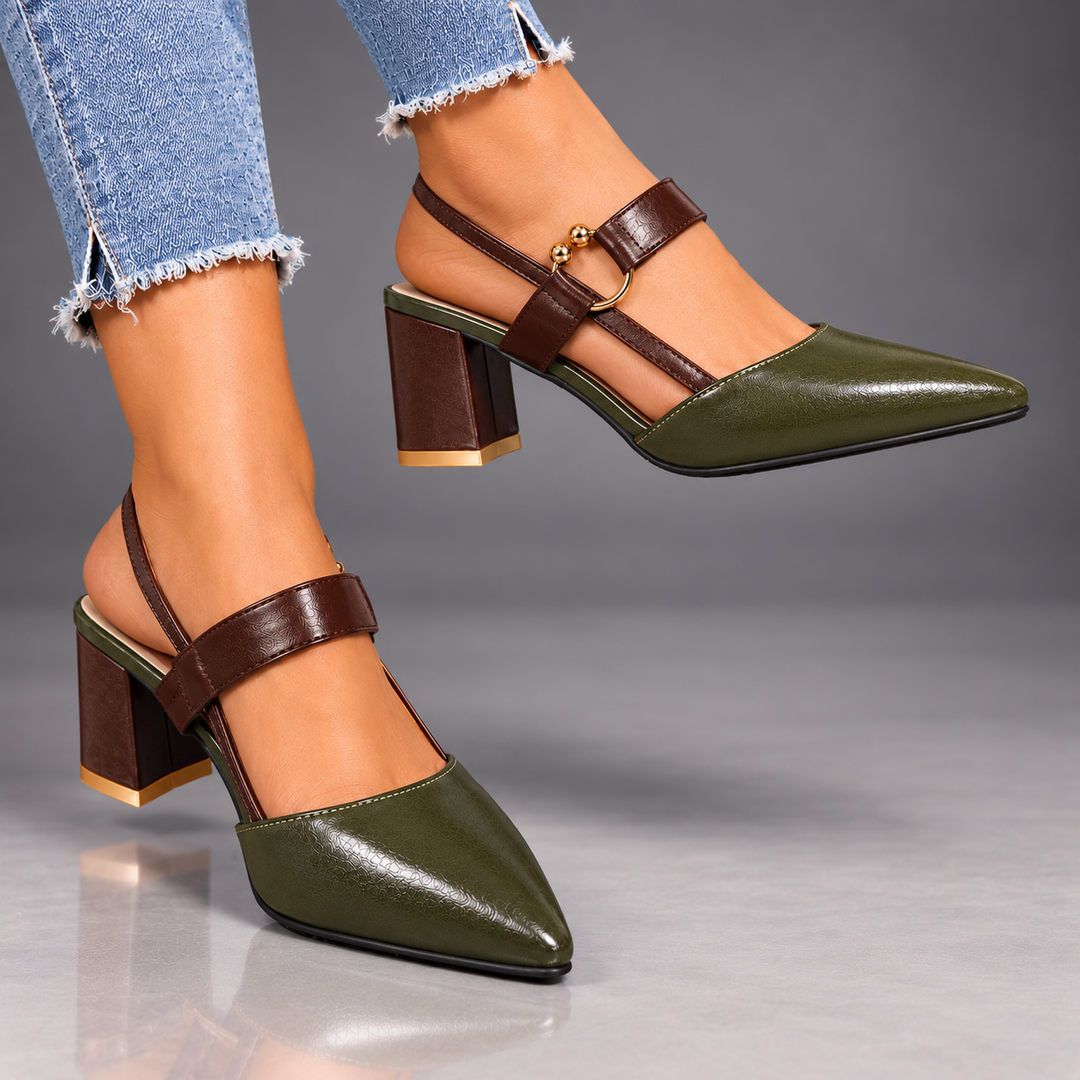 Marigold slingbacks in Olive Green worn with jeans, side view