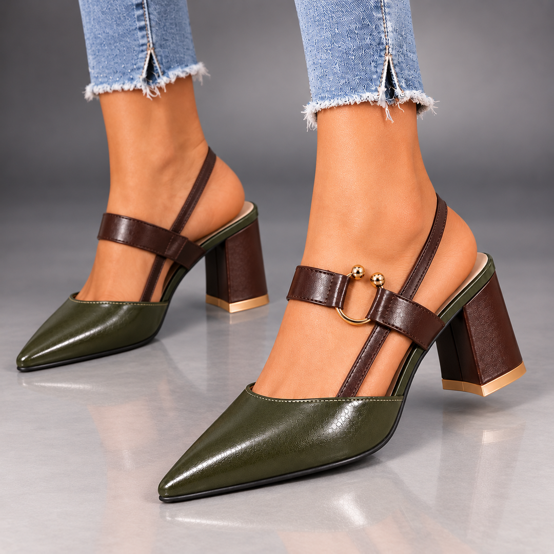 Marigold slingback heels in Olive Green worn with jeans, three-quarter view