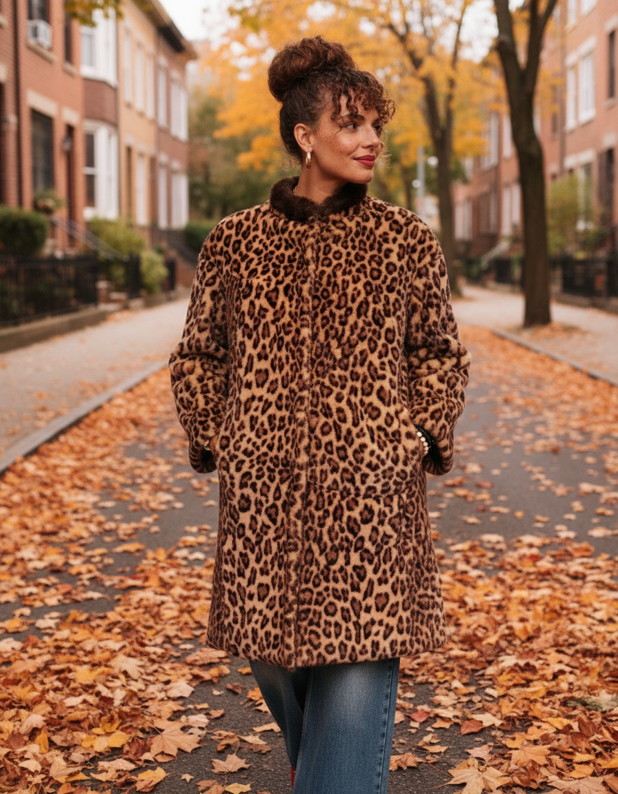 Bianca leopard print collar coat, worn on an autumn city street, three-quarter view