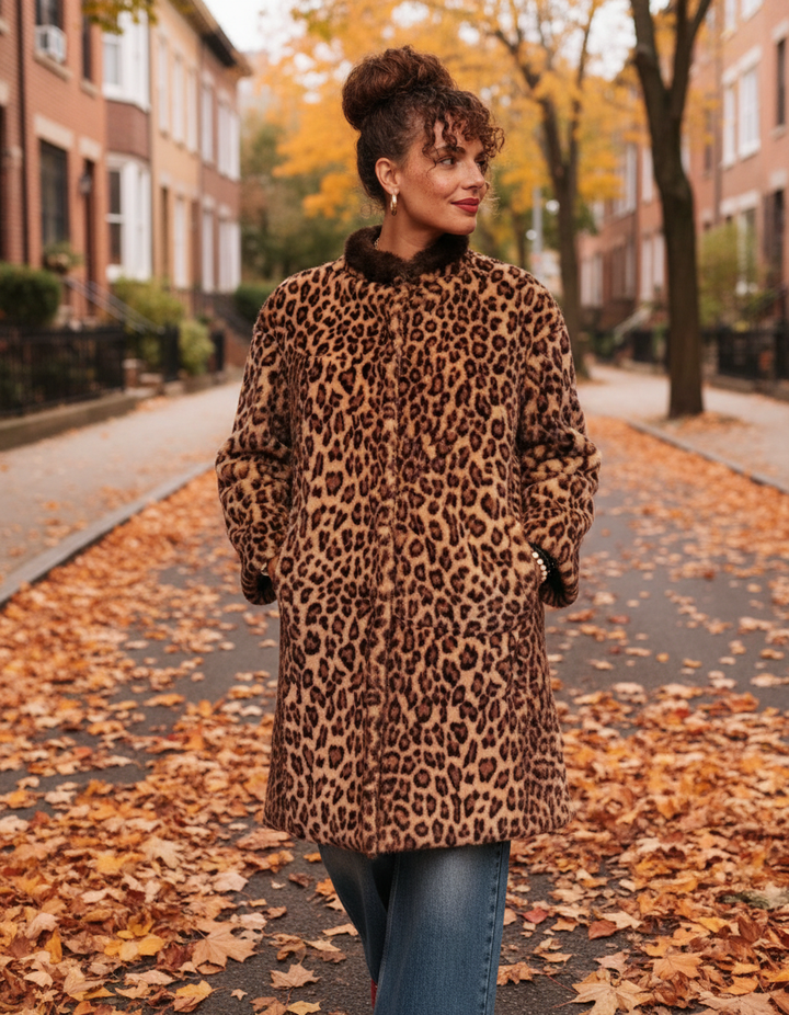 Bianca leopard print collar coat, worn on an autumn city street, three-quarter view