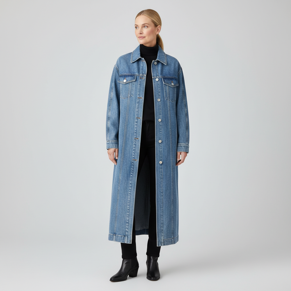 BECKETT light blue longline denim trench coat, on model