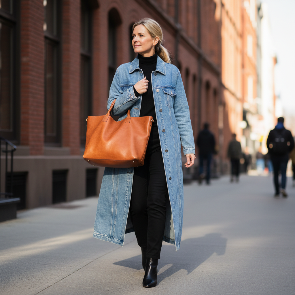 BECKETT light blue denim trench on an urban walk with tote bag