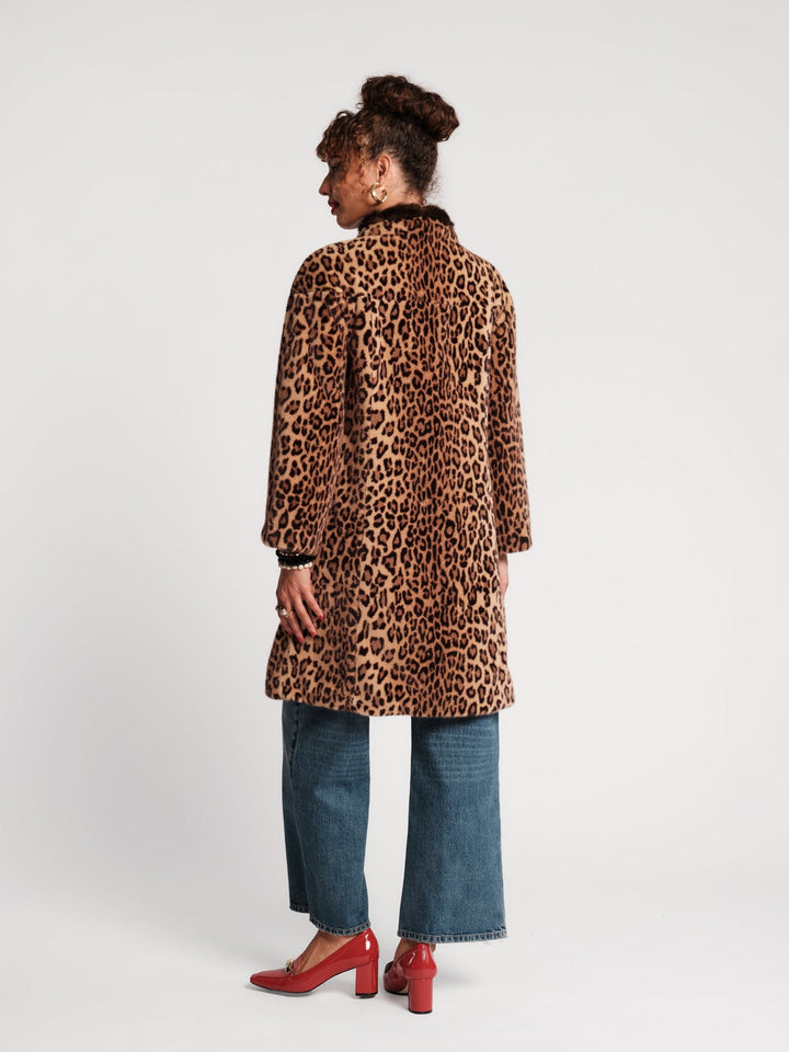 Bianca leopard print collar coat, back view worn over jeans