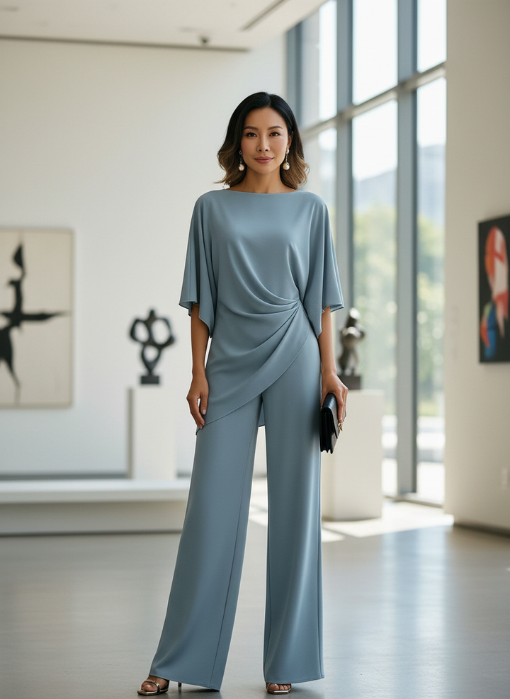 Selene | Draped Cape-Sleeve Blouse & Wide-Leg Pant Set