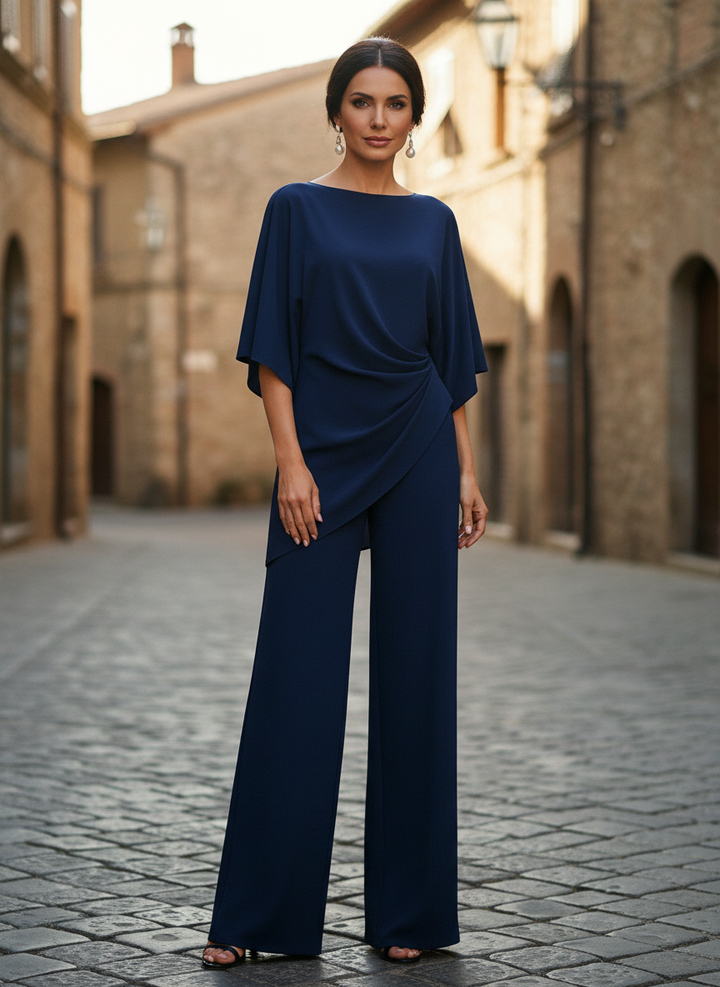 Selene | Draped Cape-Sleeve Blouse & Wide-Leg Pant Set