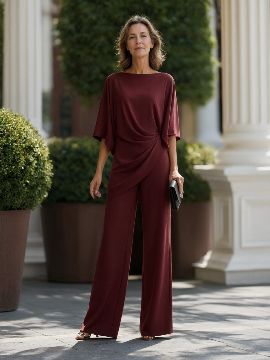 Selene | Draped Cape-Sleeve Blouse & Wide-Leg Pant Set