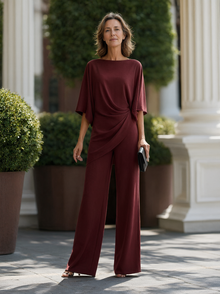 Selene | Draped Cape-Sleeve Blouse & Wide-Leg Pant Set