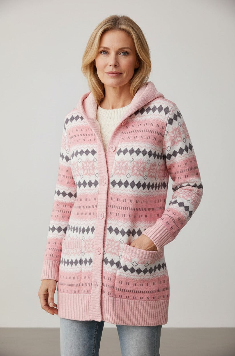 Romy hooded lined knit sweater in pink fair-isle pattern, front view