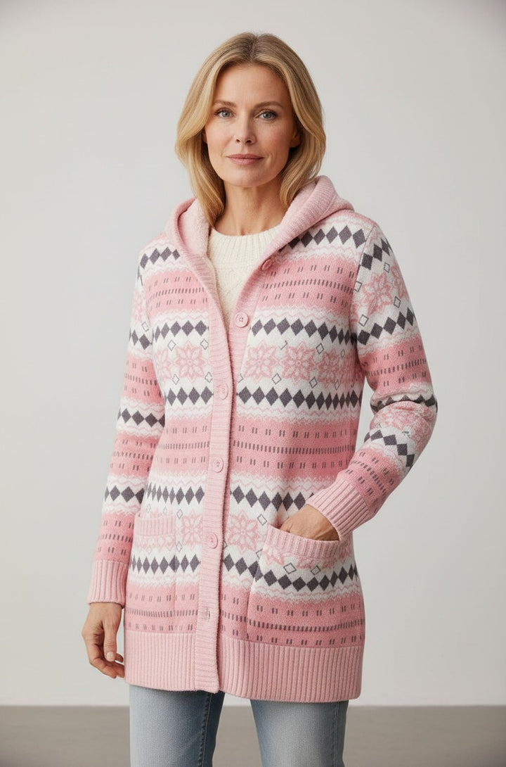 Romy hooded lined knit sweater in pink fair-isle pattern, front view