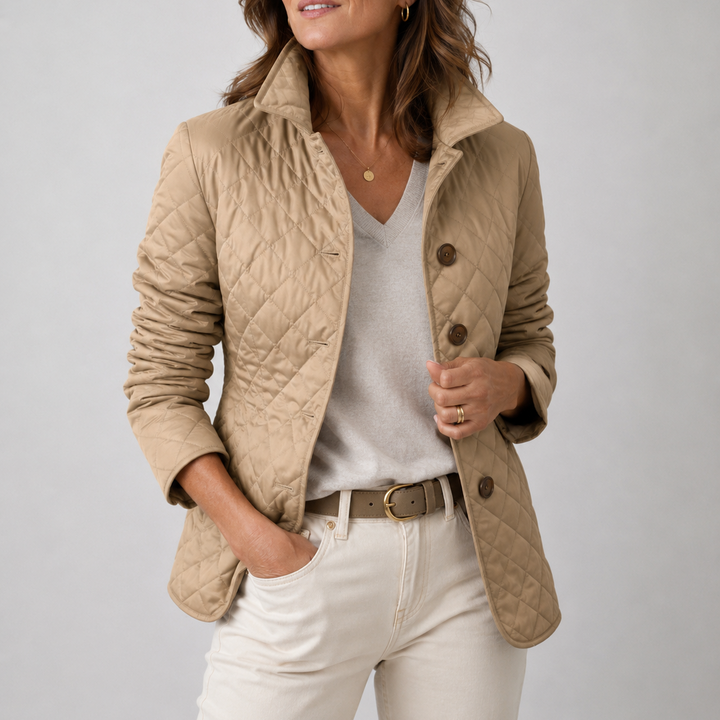 Delia lightweight quilted jacket in khaki, worn open over a knit