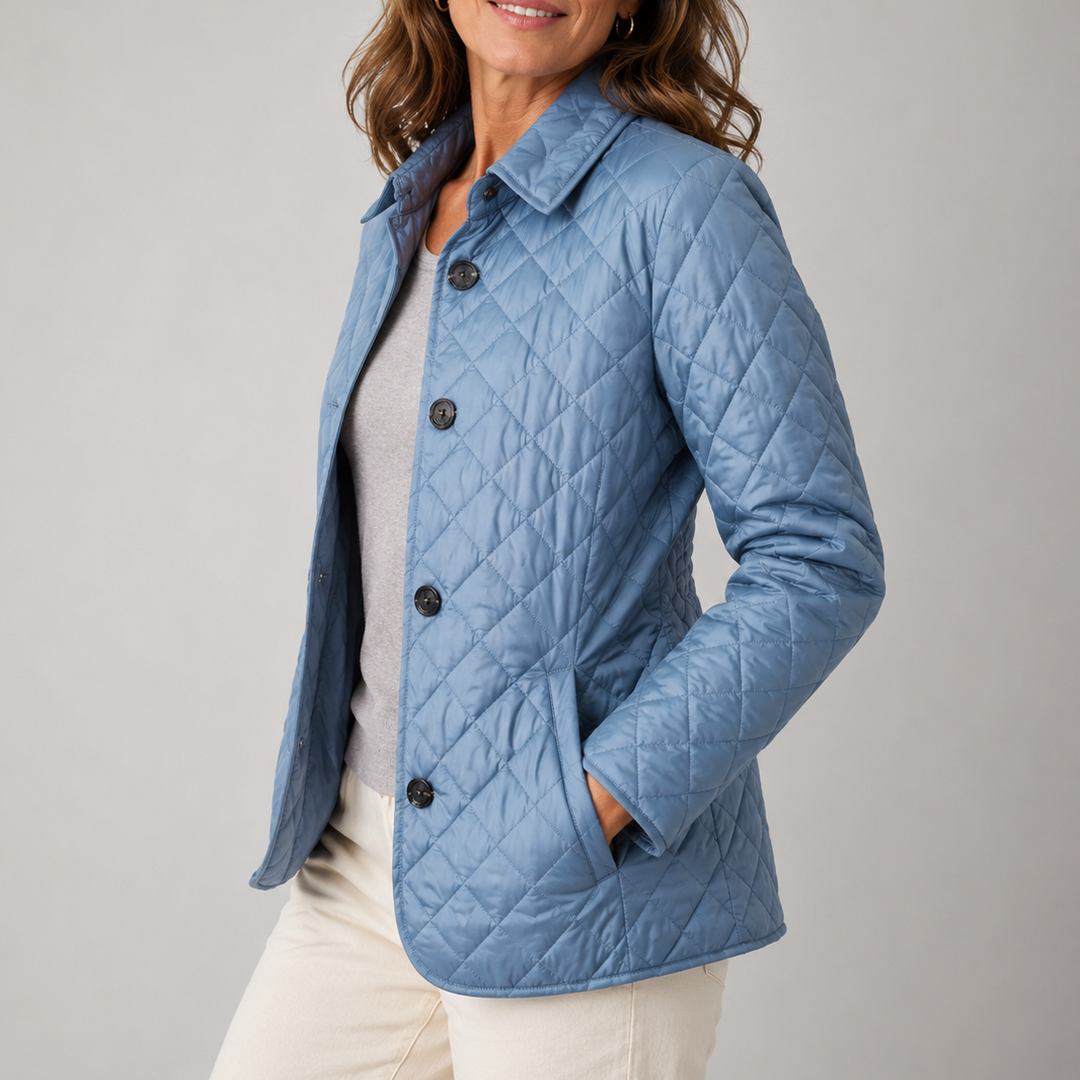Delia lightweight quilted jacket in light blue, worn over a tee