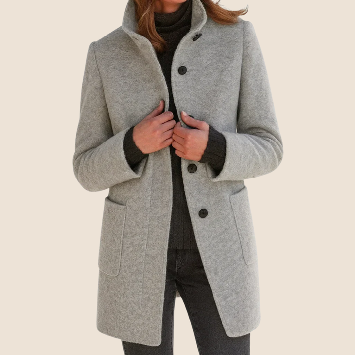 Genevieve wool-blend midi coat in gray, worn open over a knit