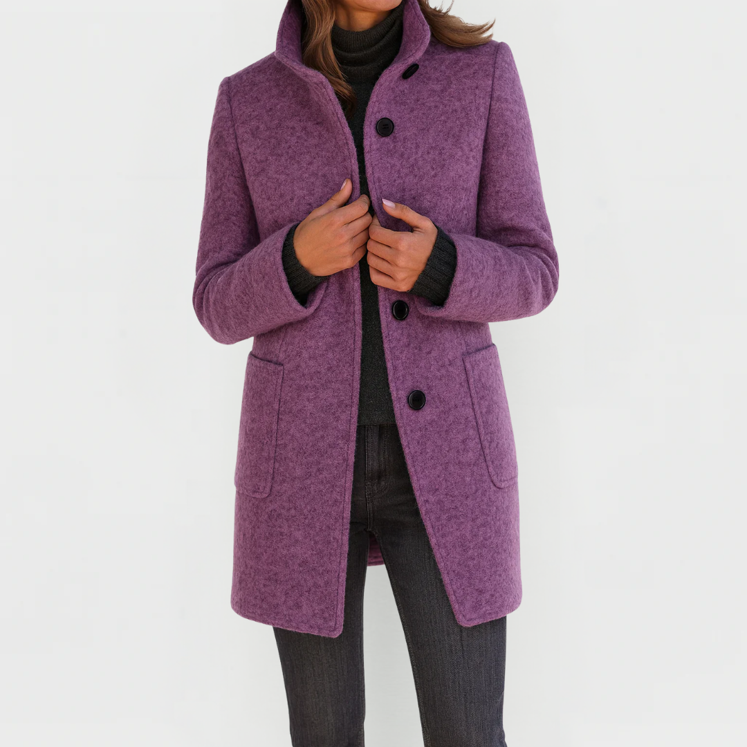 Genevieve wool-blend midi coat in purple, button-front view
