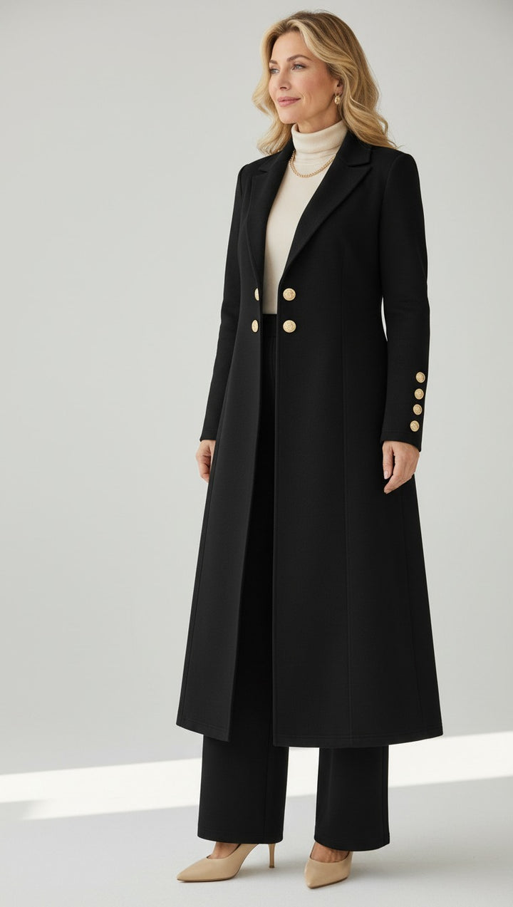 Vivienne knit trench and trouser set in black with gold buttons, front view