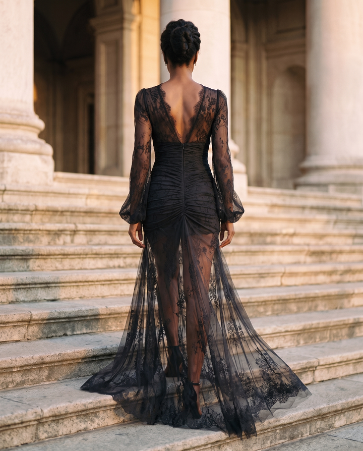 Odette | Long Black Dress with Deep V-Neck