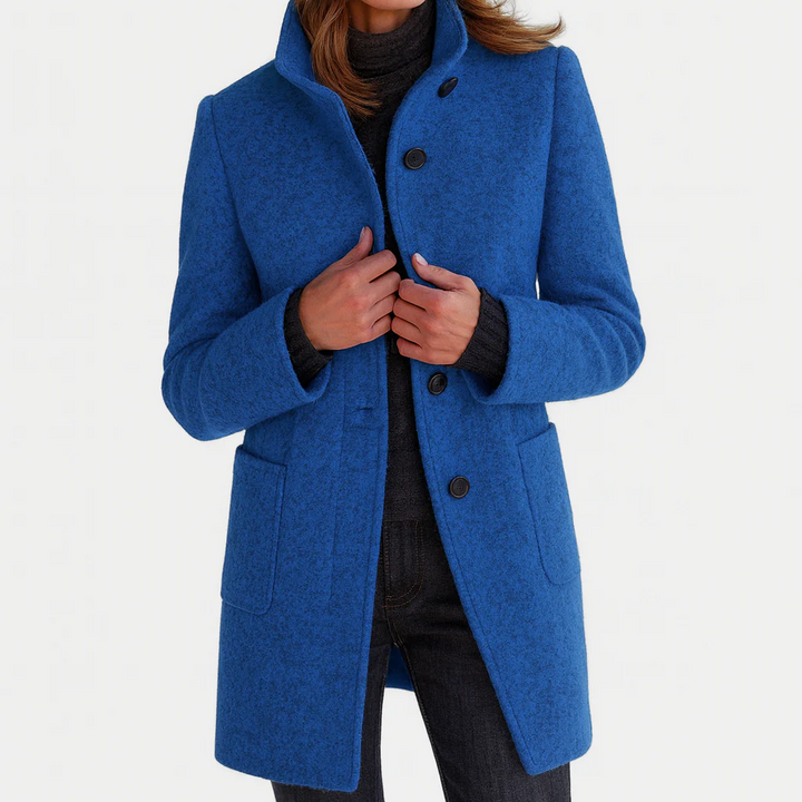 Genevieve soft brushed midi coat in blue, front view
