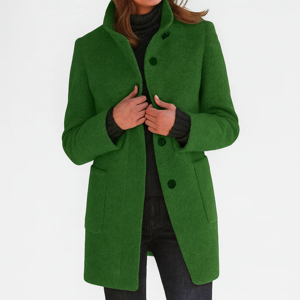 Genevieve soft brushed midi coat in green, front view