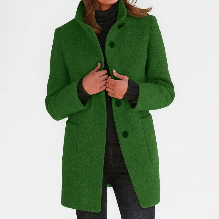 Genevieve soft brushed midi coat in green, front view