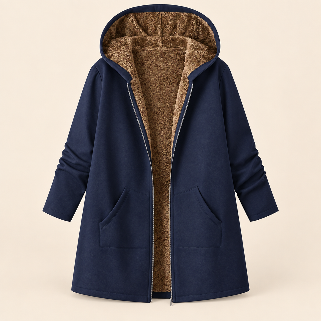 Josie sherpa-lined hooded coat in navy, open front showing the brown sherpa lining