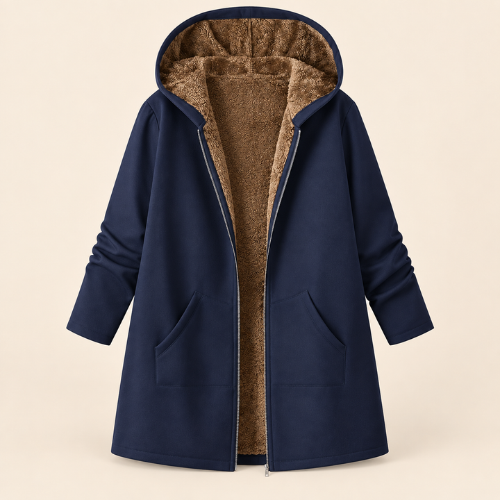 Josie sherpa-lined hooded coat in navy, open front showing the brown sherpa lining