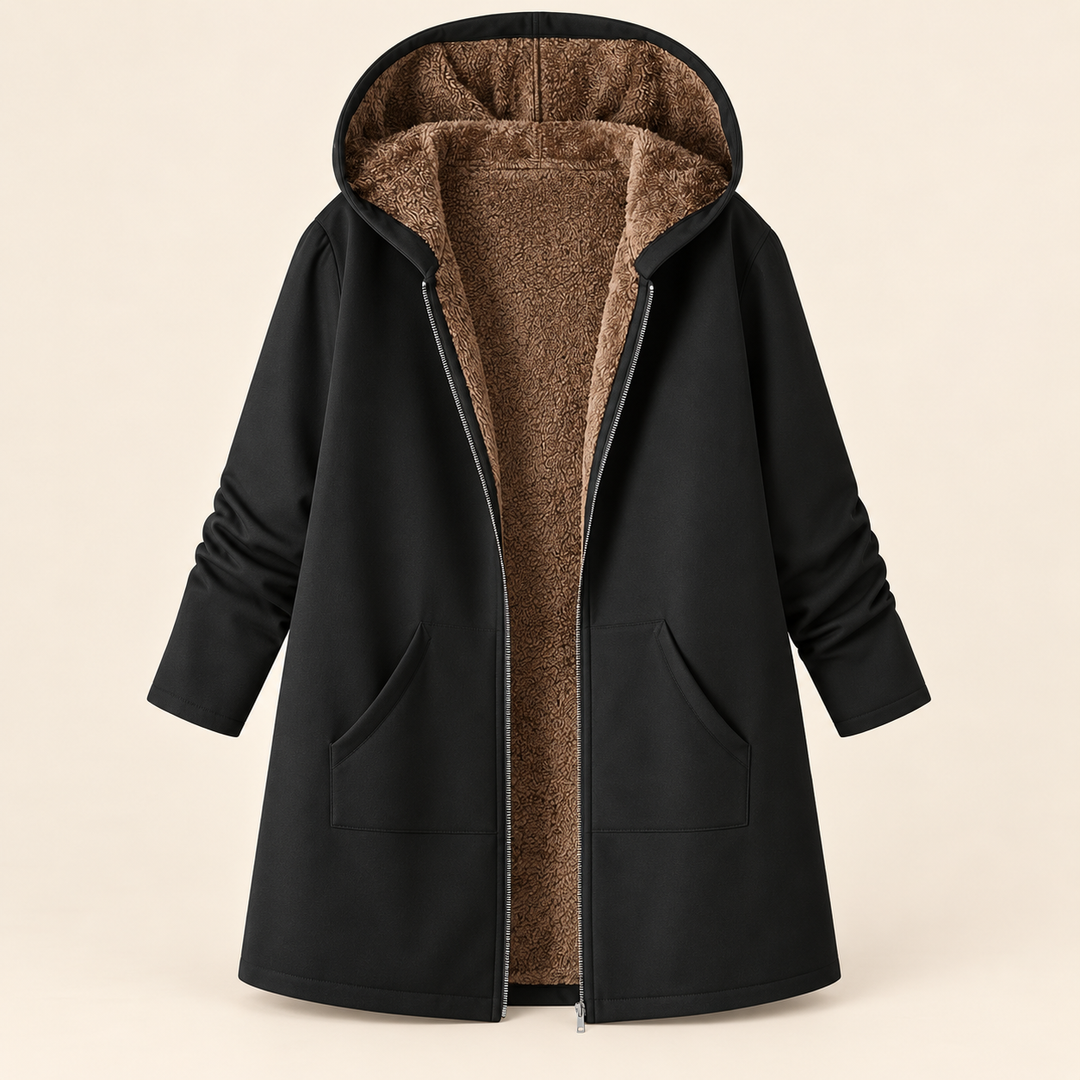 Josie sherpa-lined hooded coat in black, open front showing the sherpa lining and hood