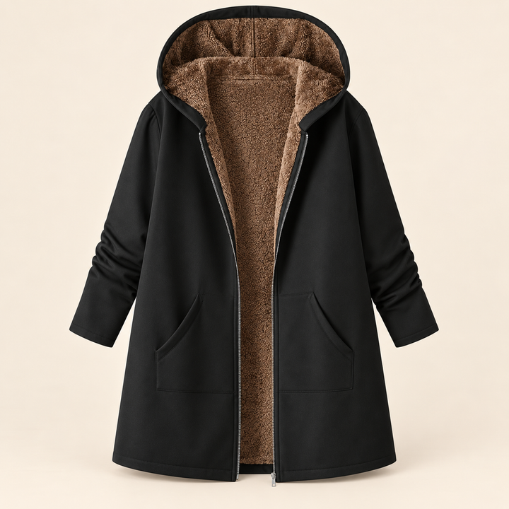 Josie sherpa-lined hooded coat in black, open front showing the sherpa lining and hood