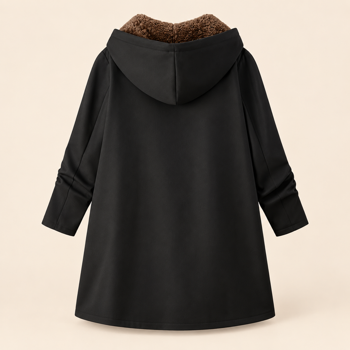 Josie sherpa-lined hooded coat in black, back view with sherpa-lined hood